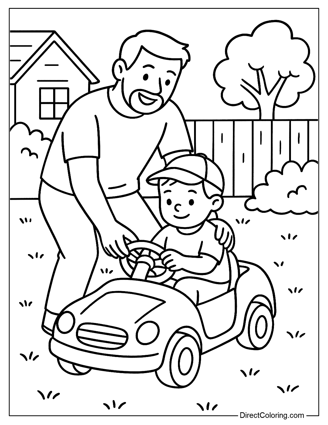 a coloring page of dad teaching his child to drive a toy car in the yard